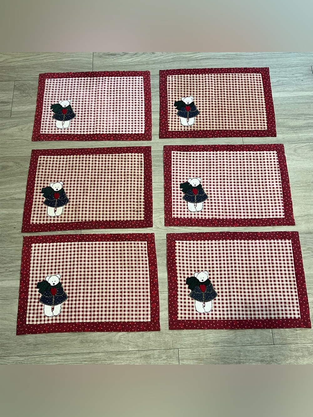 Vintage Christmas Teddy Bear Placemats Set of 6 Quilted Gingham Reversible
